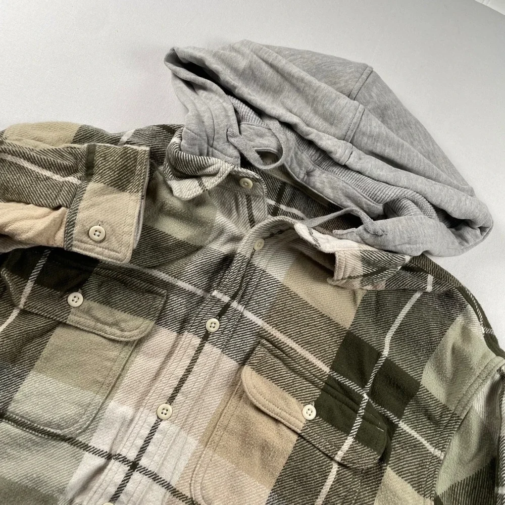 American Eagle Plaid Hooded Flannel Shirt Green Tan Grey Removable Hood Size M